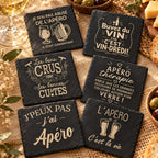 Lot de 6 dessous de verre en ardoise gravés humour Apéro