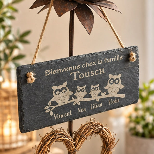 Pancarte ardoise personnalisée Bienvenue famille hiboux