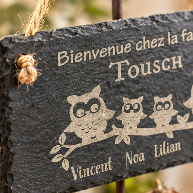Pancarte ardoise personnalisée Bienvenue famille hiboux
