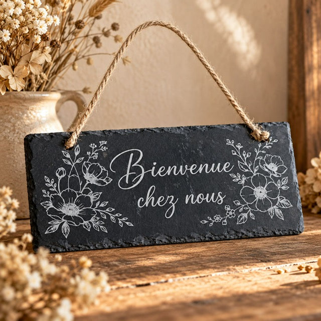 Pancarte ardoise gravée Bienvenue chez nous décor floral