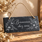 Pancarte ardoise gravée Bienvenue chez nous décor floral