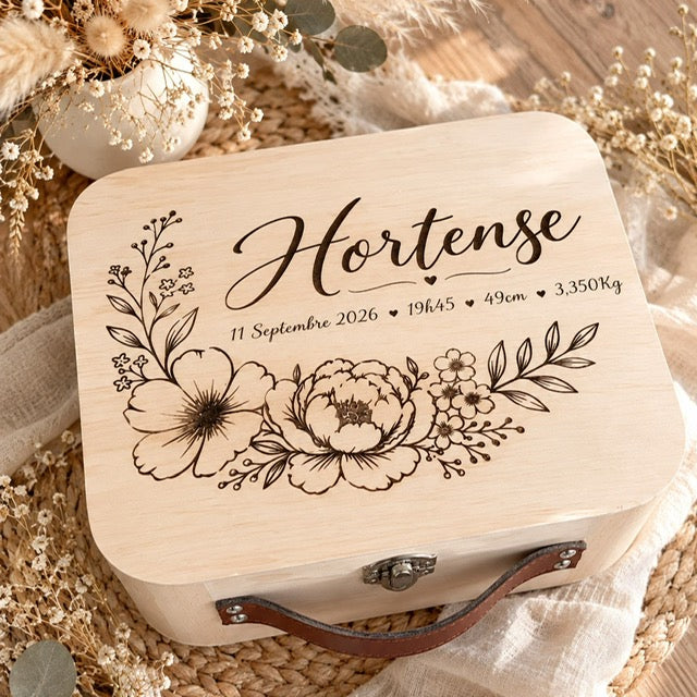 Valisette de naissance en bois personnalisée décor au choix