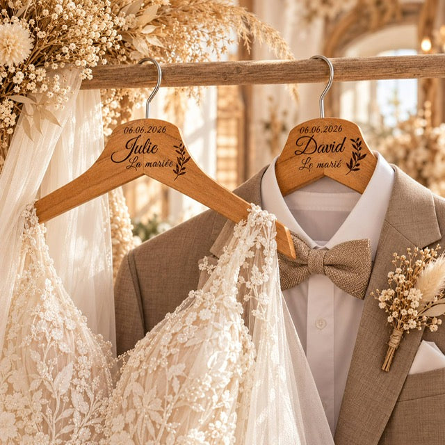 Lot de 2 cintres mariage en bois personnalisés