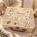 Valisette de naissance en bois personnalisée avec décor gravé, prénom, date, heure, taille et poids de bébé, anse en cuir