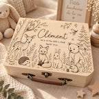 Valisette de naissance en bois personnalisée avec décor gravé, prénom, date, heure, taille et poids de bébé, anse en cuir