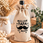 Pochette à bouteille de vin en jute avec message Meilleur Papa du monde et moustache noire