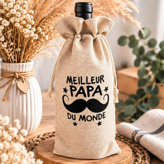 Pochette à bouteille de vin en jute avec message Meilleur Papa du monde et moustache noire