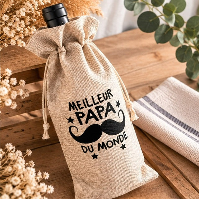 Pochette à bouteille de vin en jute personnalisable fête des pères