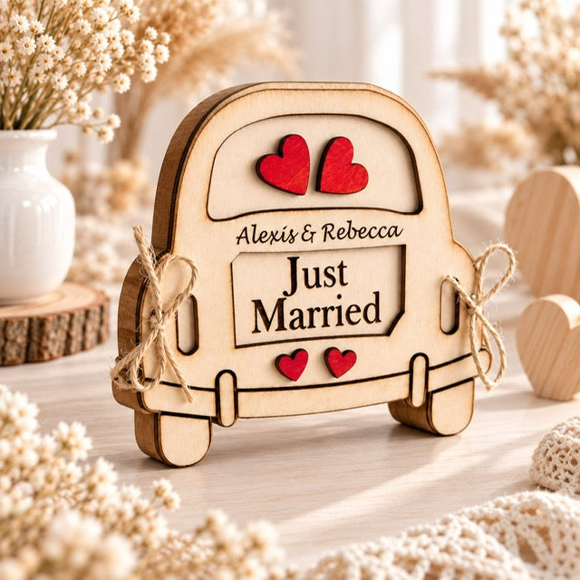 Carte de vœux mariage en bois personnalisée voiture Just Married