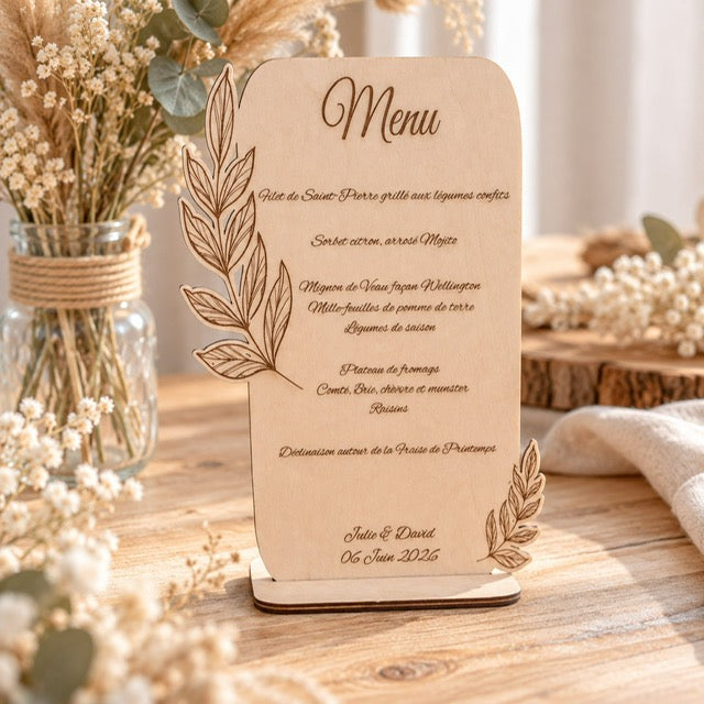 Menu en bois personnalisé recto-verso décor feuillage