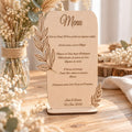 Menu en bois personnalisé recto-verso décor feuillage