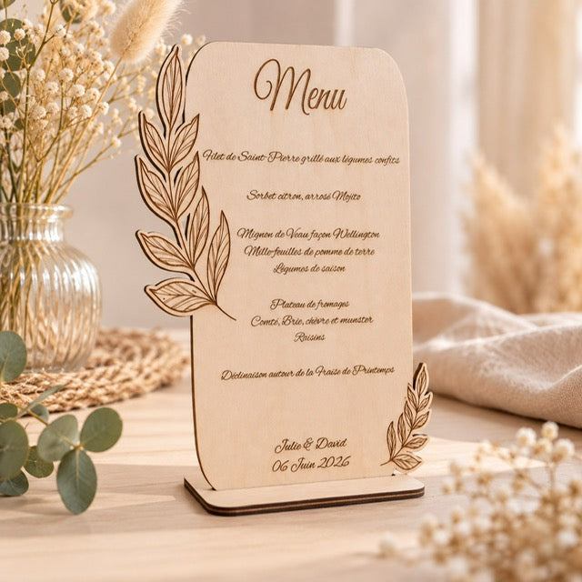 Menu en bois personnalisé recto-verso décor feuillage