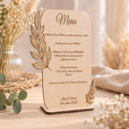 Menu en bois personnalisé recto-verso décor feuillage