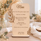Menu en bois personnalisé recto-verso décor feuillage