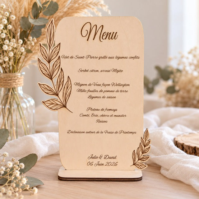 Menu en bois personnalisé recto-verso décor feuillage