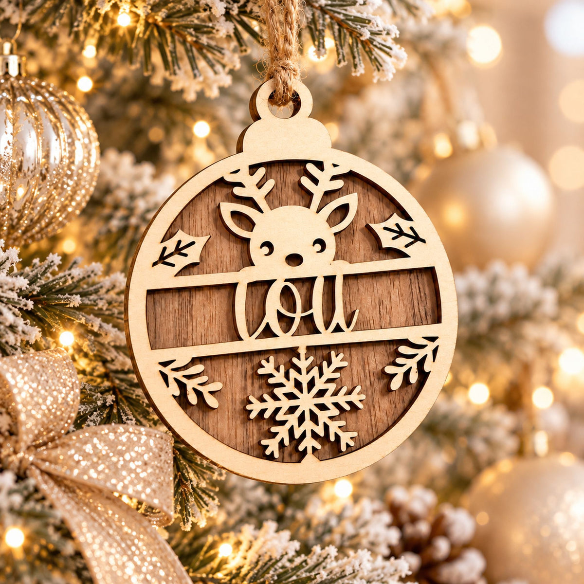 Boule de Noël en bois bicouche tilleul et noyer avec renne de Noël, prénom gravé, flocon de neige et houx, suspendue au sapin par un cordon de jute
