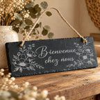 Pancarte ardoise gravée Bienvenue chez nous décor floral