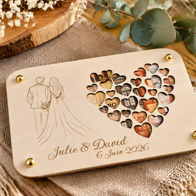 Carte de vœux mariage en bois personnalisée silhouette mariés