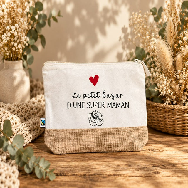 Trousse de toilette en coton Fairtrade et jute avec message Le petit bazar d'une super Maman, cœur rouge et rose stylisée