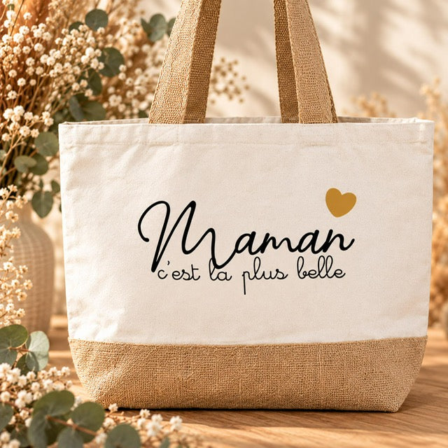 Grand sac cabas en coton et jute fête des mères