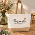 Grand sac cabas en coton écru et jute naturelle avec message Maman c'est la plus belle et cœur doré