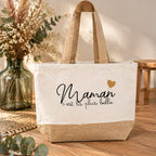 Grand sac cabas en coton écru et jute naturelle avec message Maman c'est la plus belle et cœur doré