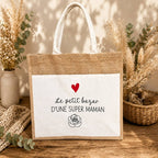 Sac cabas en toile de jute et toile écrue avec message Le petit bazar d'une super Maman, cœur rouge et rose stylisée
