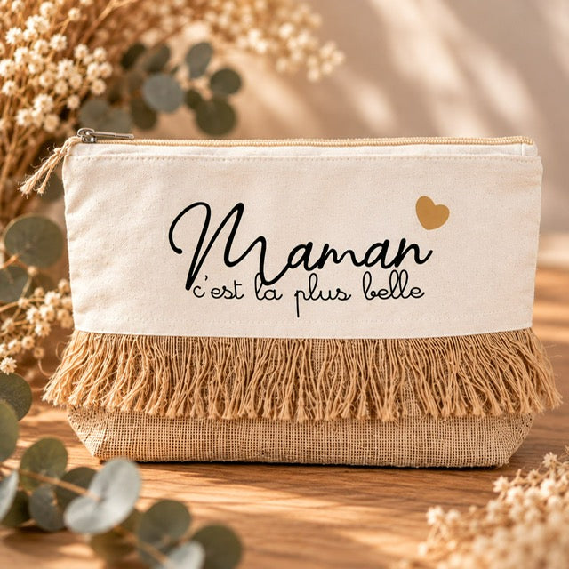 Trousse de beauté en toile et jute à franges fête des mères