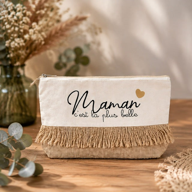 Trousse de beauté en toile écrue et jute à franges avec message Maman c'est la plus belle et cœur doré